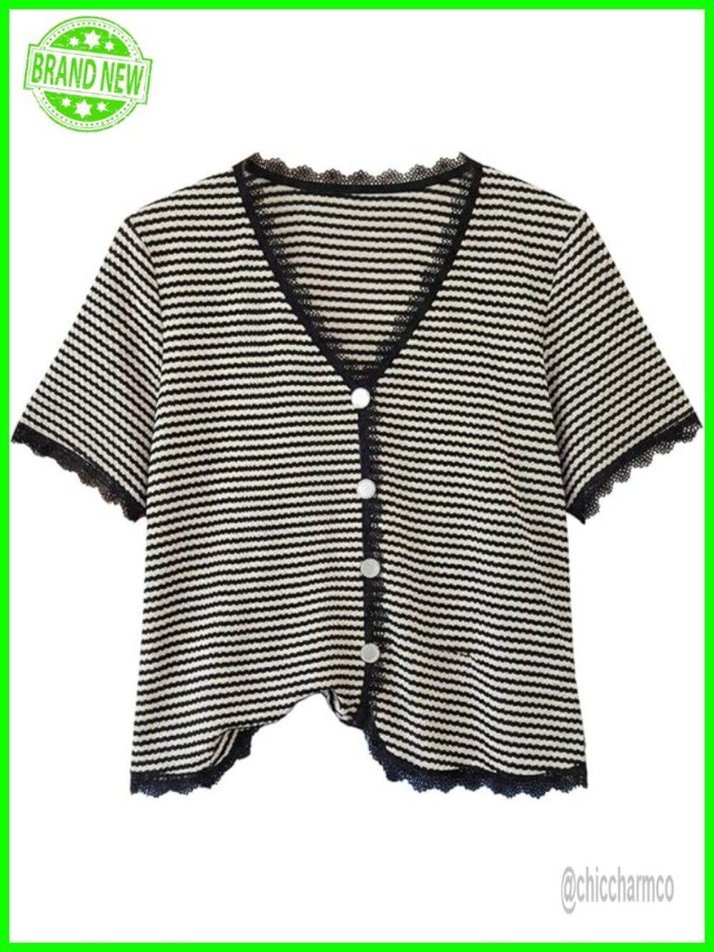 Plus Size Striped Button Down V-Neck Short Sleeve Lace Trim Tops